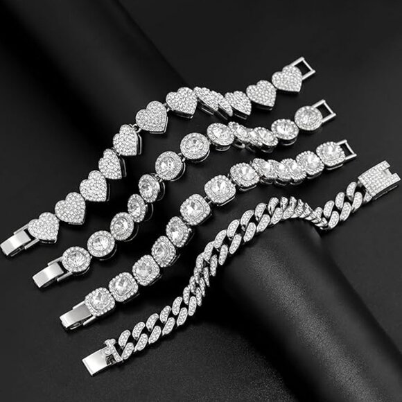 4PCS Women Heart Round Diamond Cuban Bracelet Layered Link Bracelet Set Fashion - Picture 4 of 6